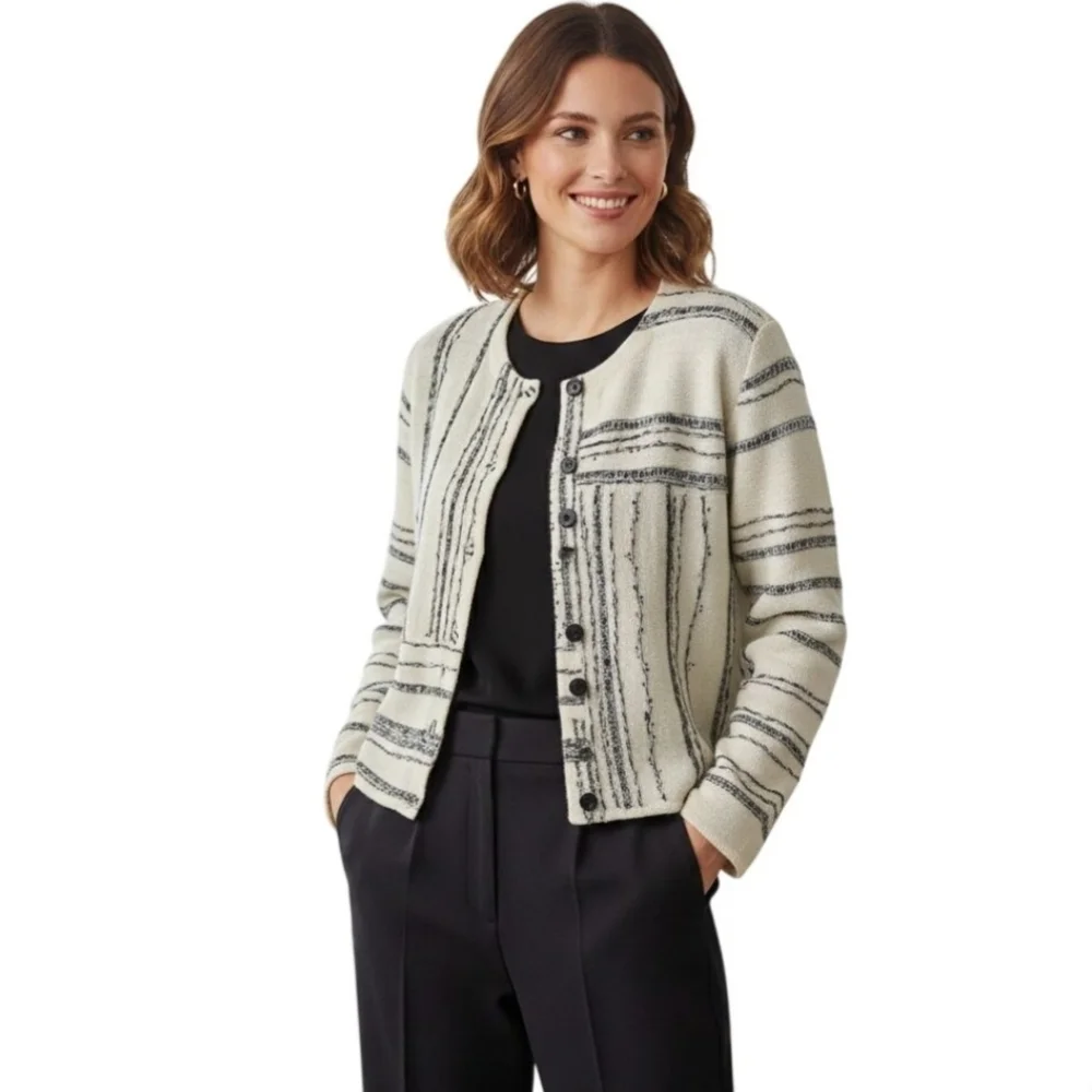Susan Bristol Vintage Wool Unique Knit Black Cream Sweater Jacket Size XL